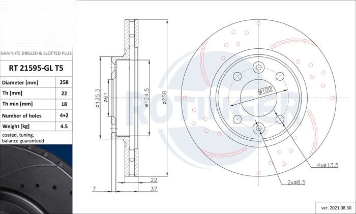 Front Brake Discs Drilled & Slotted For SMART FORTWO (453) FOURFOUR (453) RENAULT TWINGO III (BCM_BCA)RT 21595-GL/T5 - Image 2