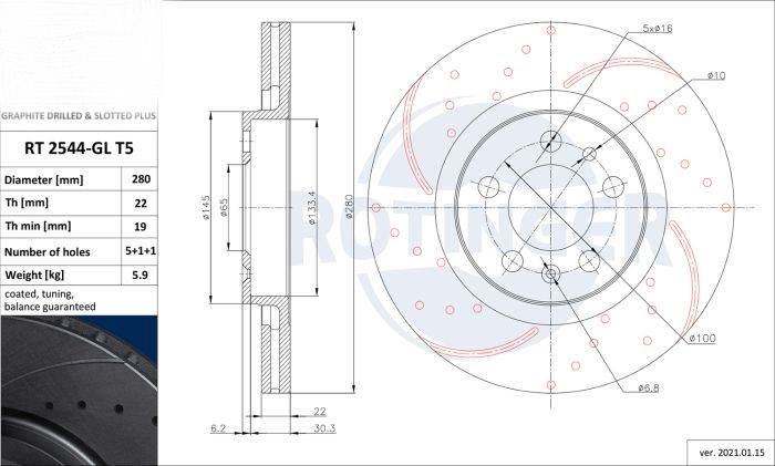 Front Brake Discs Drilled & Slotted For AUDI A3 (8L1),SEAT LEON (1M1),VW GOLF (1J1) 1.6FSI RT 2544-GL/T5 - Image 2