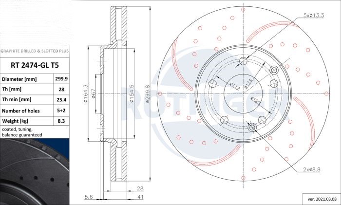 Front Brake Discs Drilled & Slotted For MERCEDES BENZ SLK (R171)200 Kompressor (171.445) RT 2474-GL/T5 - Image 2