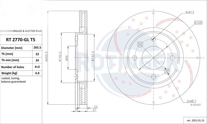 Front Brake Discs Drilled & Slotted For CITROEN C2,C3,DS3 2002-2022 PEUGEOT 1007,206,207,208 RT 2770-GL/T5 - Image 2